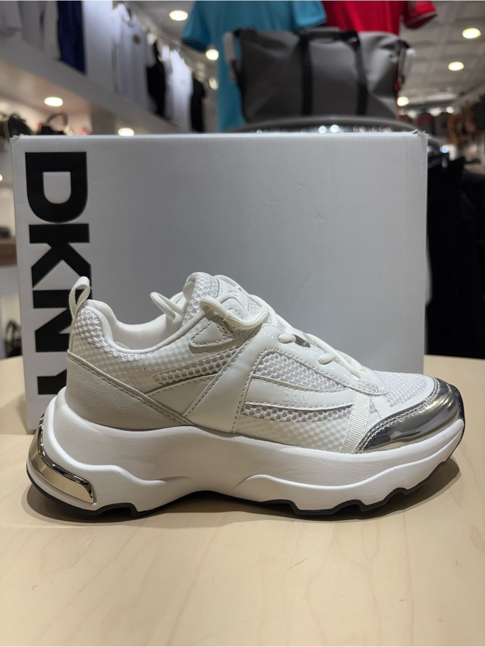 DKNY White and Silver Platform Runner